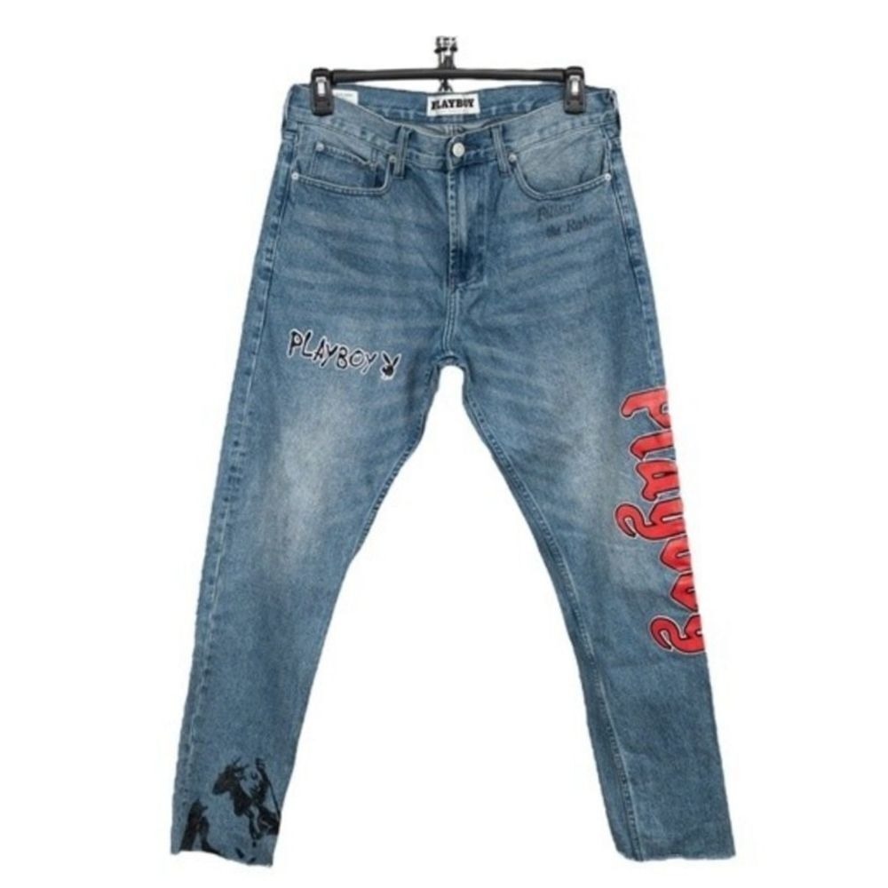 PLAYBOY Men's Skinny Jeans - Blue with Red Accents